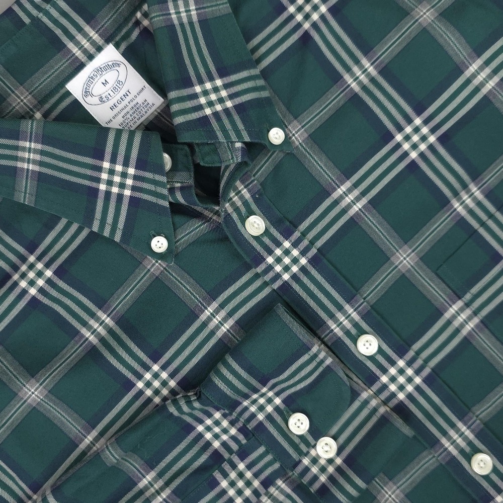 Brooks Brothers Shirt Mens Medium Green Plaid Long Sleeve Regent Supima Cotton